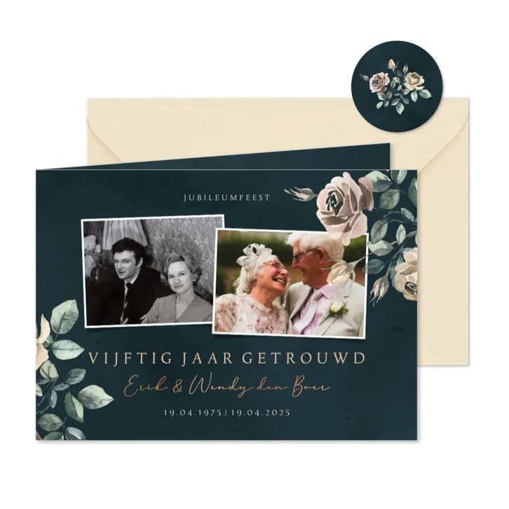 Jubileumkaart 50 jaar getrouwd fotocollage met bloemen