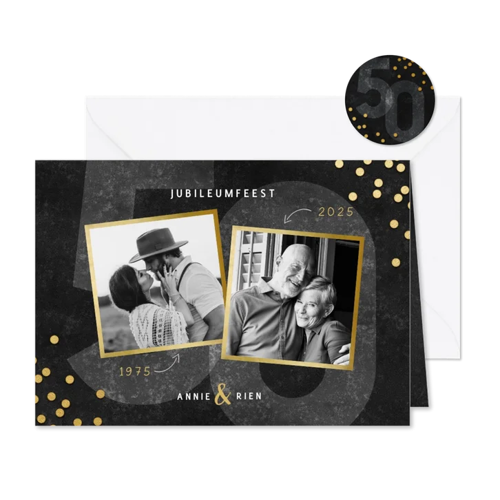 Jubileumkaart 50 jaar getrouwd gouden confetti en foto's
