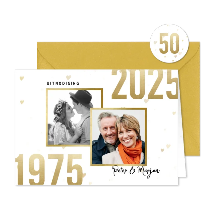 Jubileumkaart 50 jaar getrouwd jaartallen 1975/2025 hartjes