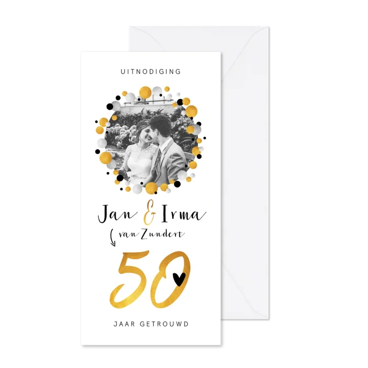 Jubileumkaart 50 jaar getrouwd met confetti en eigen foto