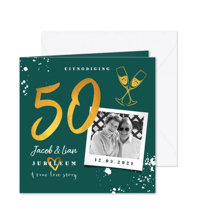 Jubileumkaart 50 jaar huwelijk groen stijlvol met champagne