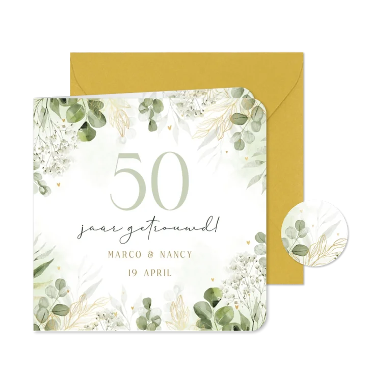 Jubileumkaart 50 jaar met foliedruk en botanische takjes