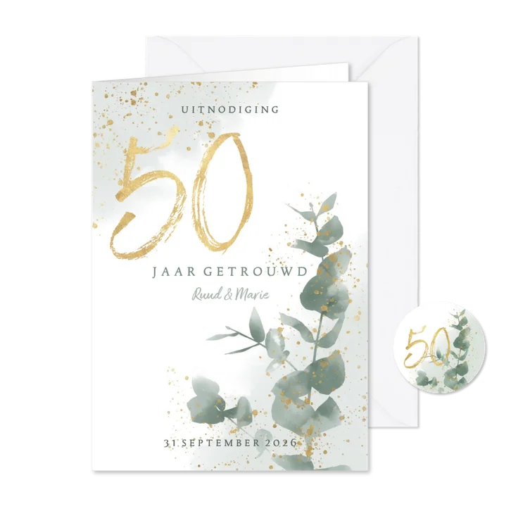 Jubileumkaart 50 jaar met waterverf takje en gouden spetters