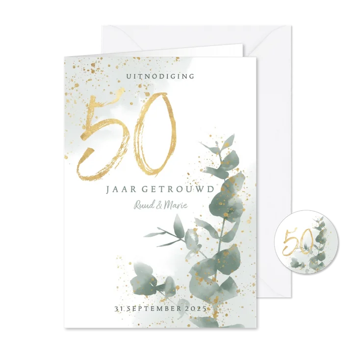 Jubileumkaart 50 jaar met waterverf takje en gouden spetters