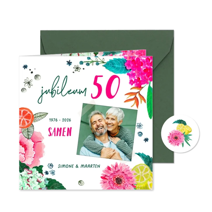 Jubileumkaart 50 jaar samen met foto en bloemen