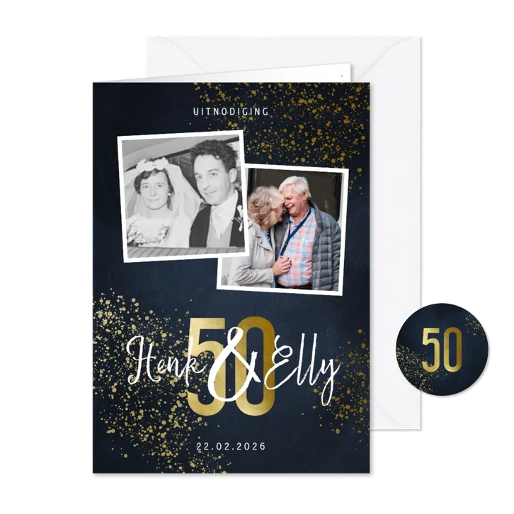 Jubileumkaart 50 jaar stijlvol goudlook met foto en spetters