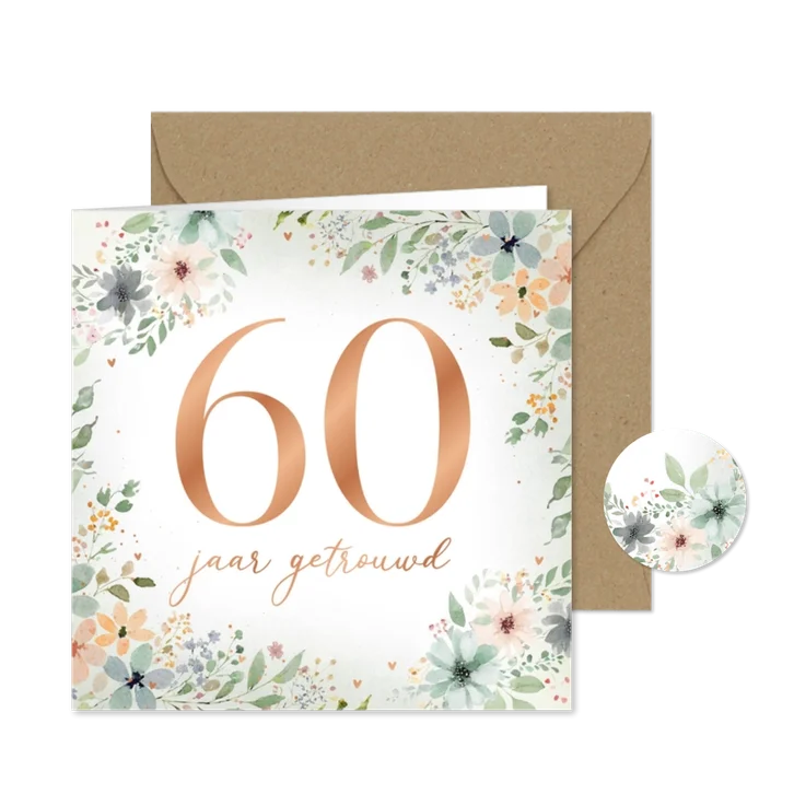 Jubileumkaart 60 jaar getrouwd bloemenkader hartjes koper