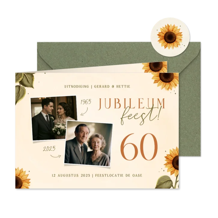 Jubileumkaart aanpasbaar met zonnebloemen