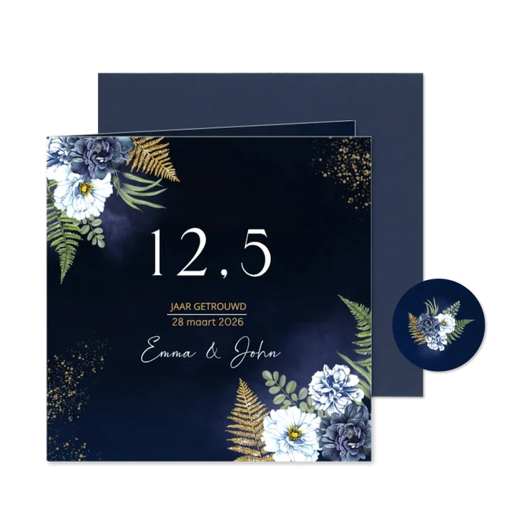 jubileumkaart blauwe pioenroos goud