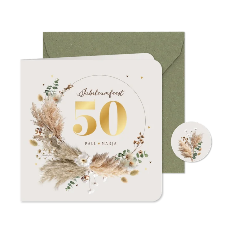 Jubileumkaart boho krans 50 jaar getrouwd