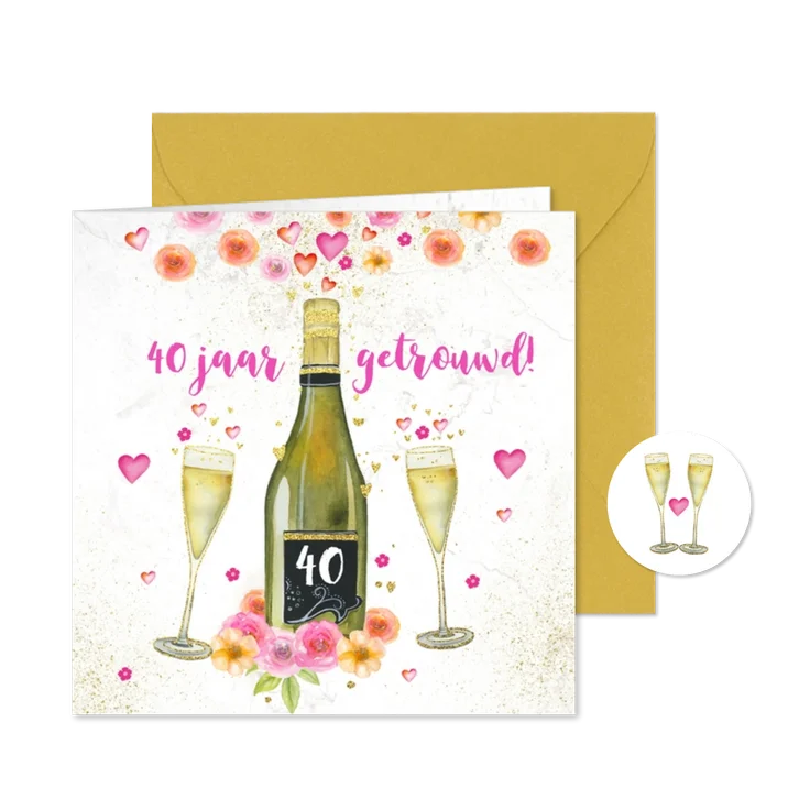 Jubileumkaart champagne en aquarelbloemen 