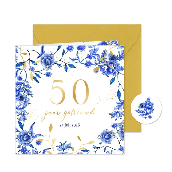 Jubileumkaart Delfts blauw goud uitnodiging