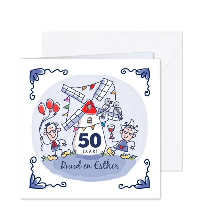 Jubileumkaart delfts blauw tegeltje met molen en stel