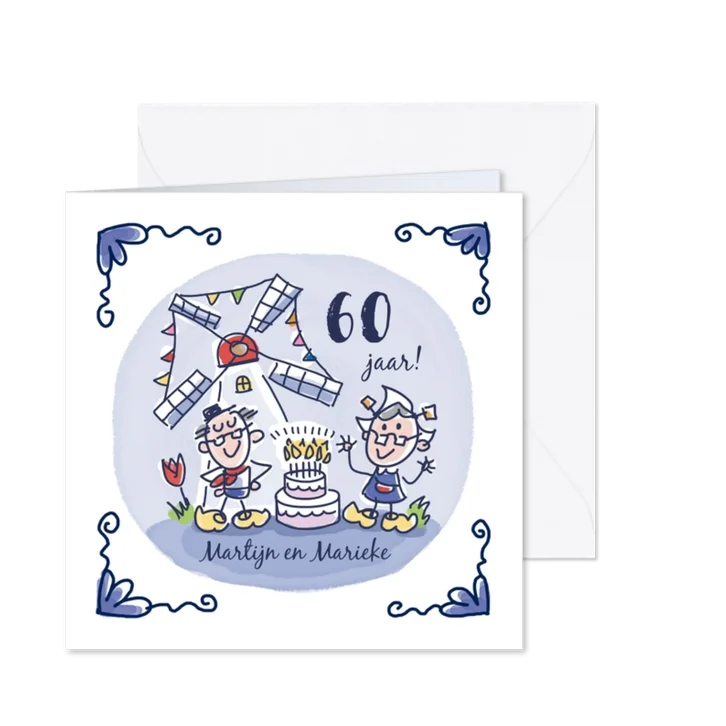 Jubileumkaart delfts blauwe tegel met molen taart en stel