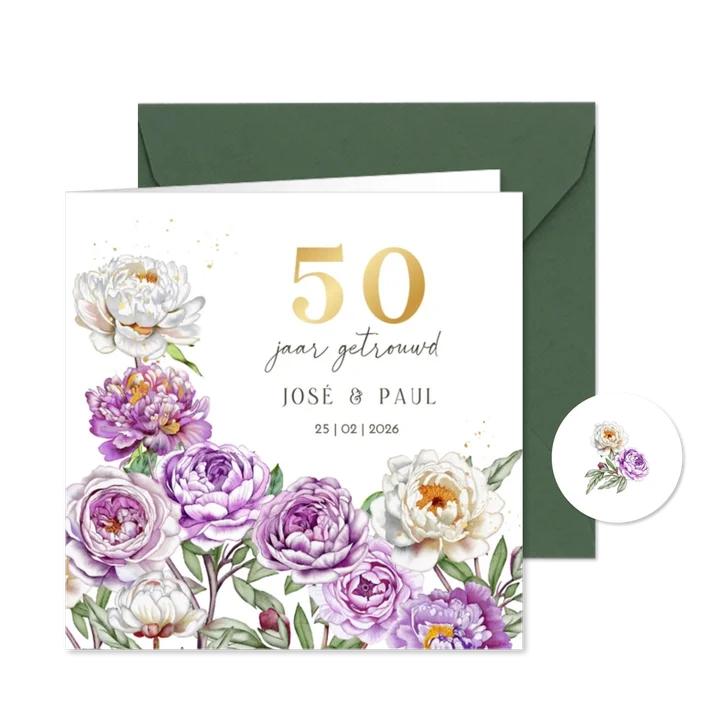 Jubileumkaart dubbele rozen met goudfolie