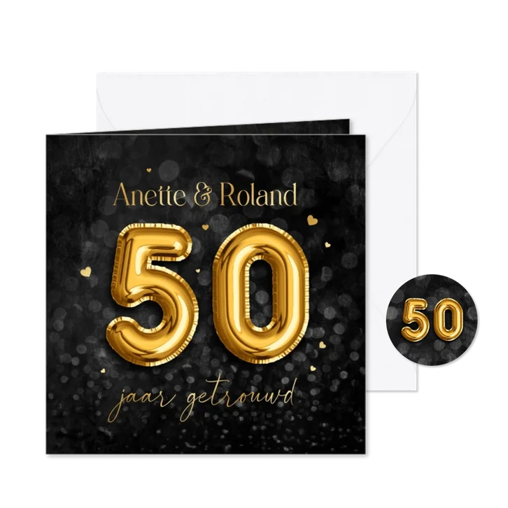 Jubileumkaart feest 50 jaar folieballonnen goud hartjes