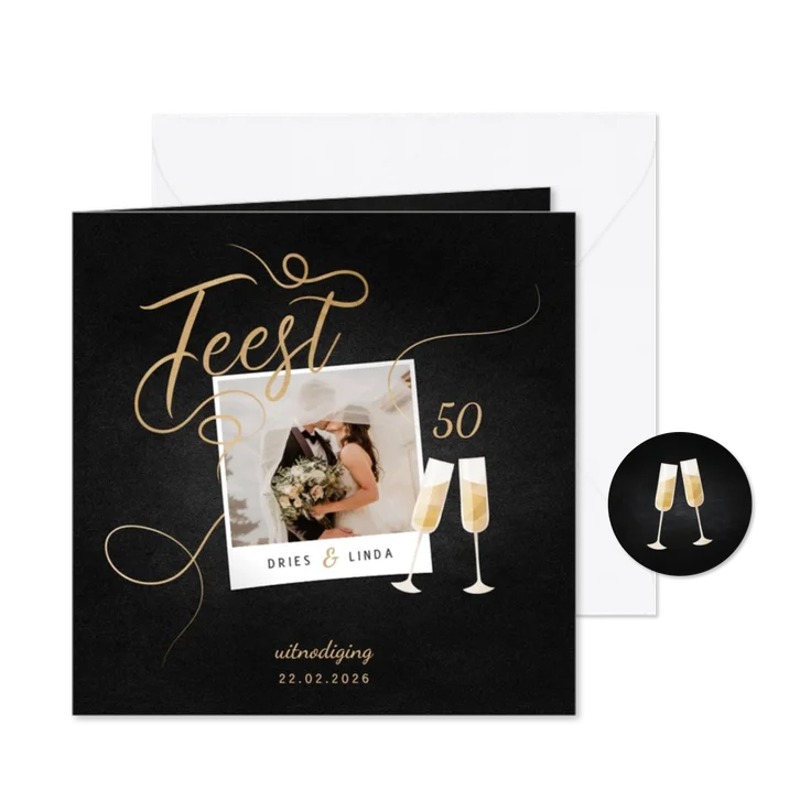 Jubileumkaart feest champagne met foto en gouden linten