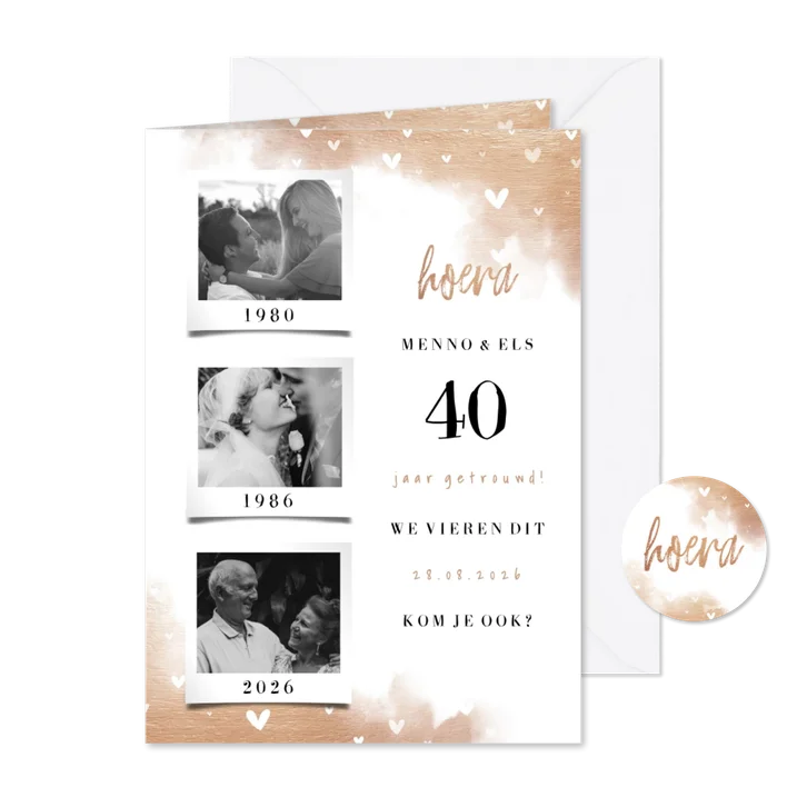 Jubileumkaart fotocollage 3 foto's met koper en hartjes