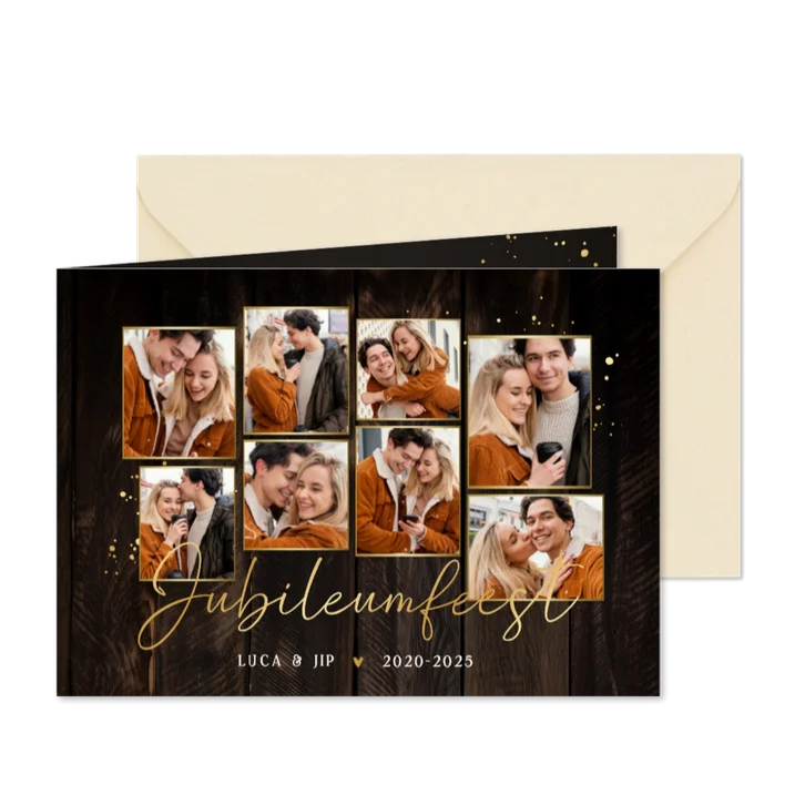 Jubileumkaart fotocollage houtlook goud feestje