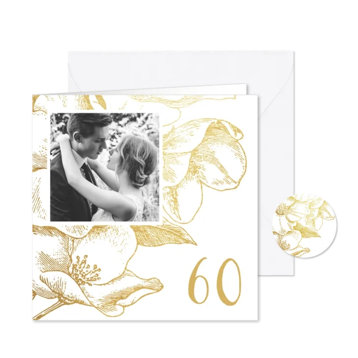 Jubileumkaart gouden bloemen met foto en jaartal