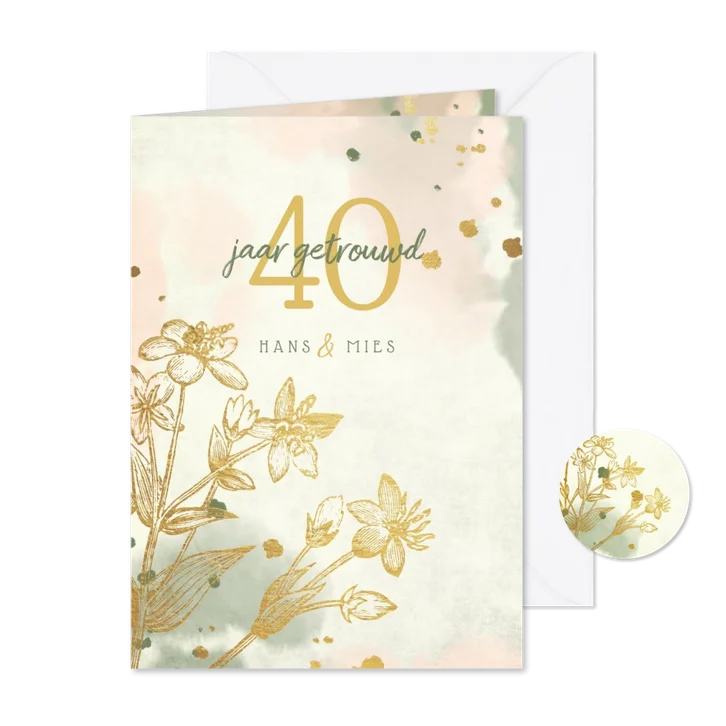 Jubileumkaart gouden bloemen met waterverf en spetters
