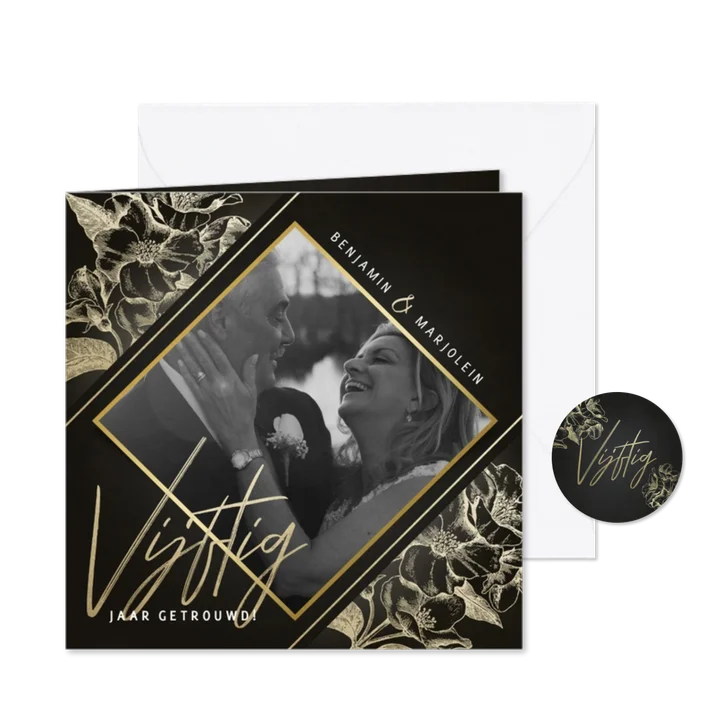 Jubileumkaart gouden bloemen zwart 50 jaar getrouwd met foto