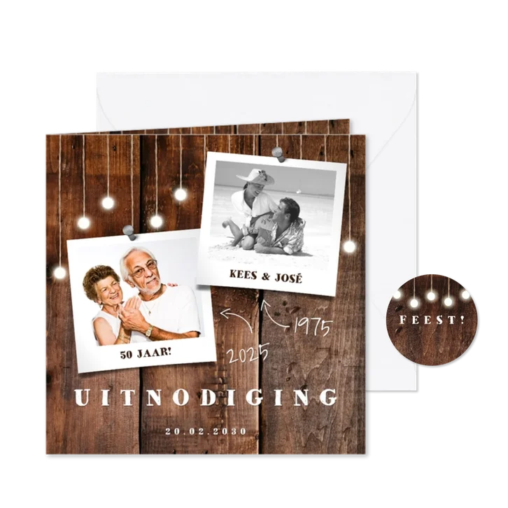 Jubileumkaart hout met hangende lampjes en foto's