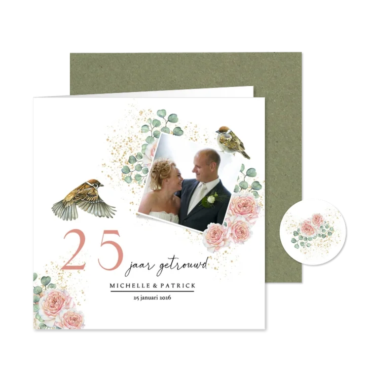 Jubileumkaart huwelijk rozen botanical