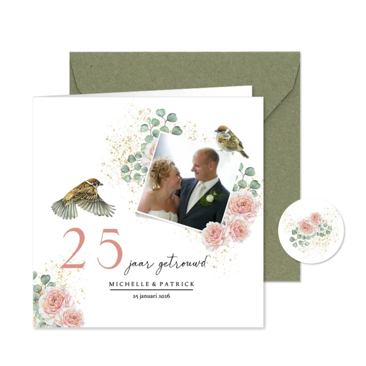 Jubileumkaart huwelijk rozen botanical