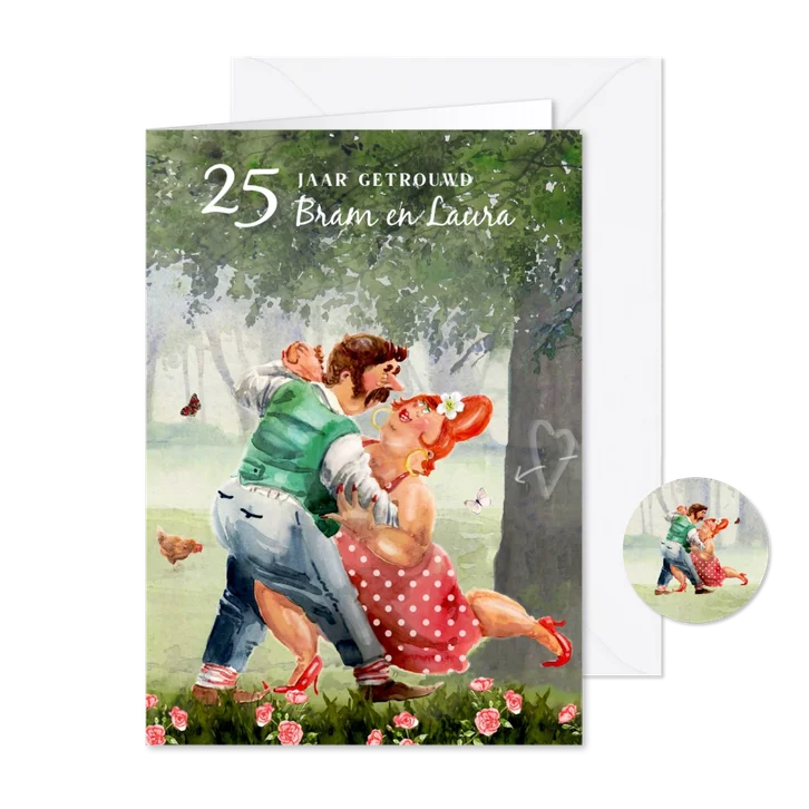 Jubileumkaart huwelijksfeest dansend in het bos
