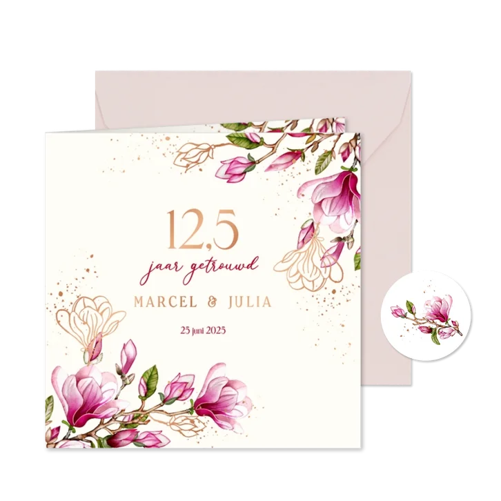 Jubileumkaart magnoliatakken met koperfolie