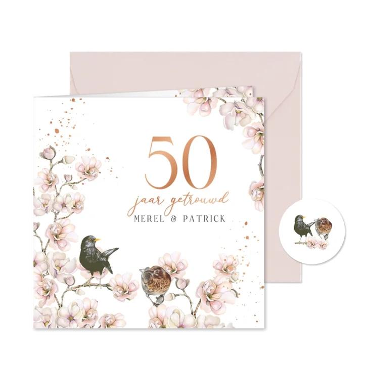 Jubileumkaart merels en bloesemtakken