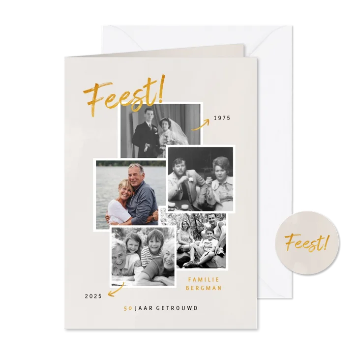 Jubileumkaart met fotocollage en goudlook