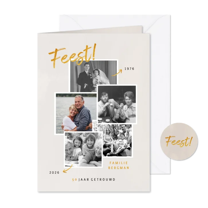 Jubileumkaart met fotocollage en goudlook
