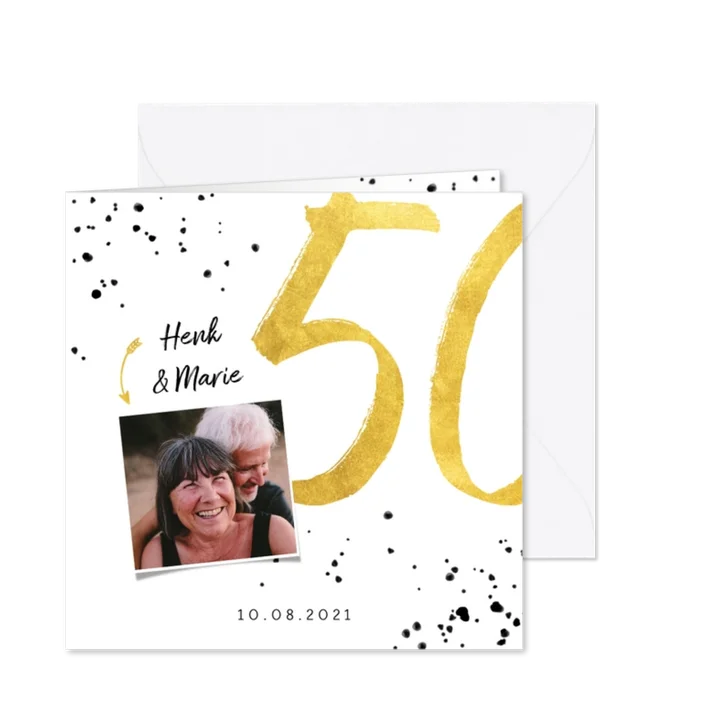Jubileumkaart met gouden 50, spetters en foto