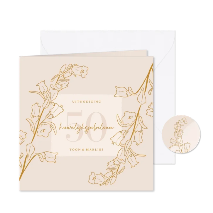 Jubileumkaart met lijnillustratie van bloemen in beige
