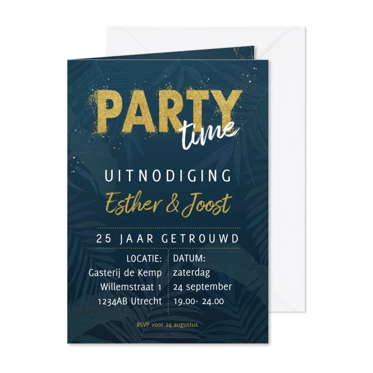 Jubileumkaart met party in goudlook poeder