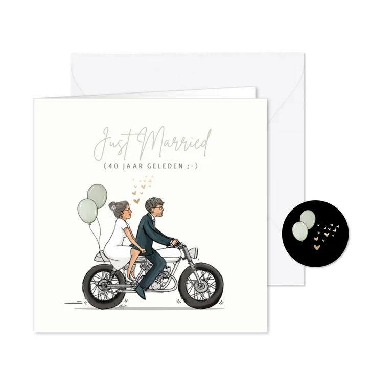 Jubileumkaart motor met ouder echtpaar en ballonnen