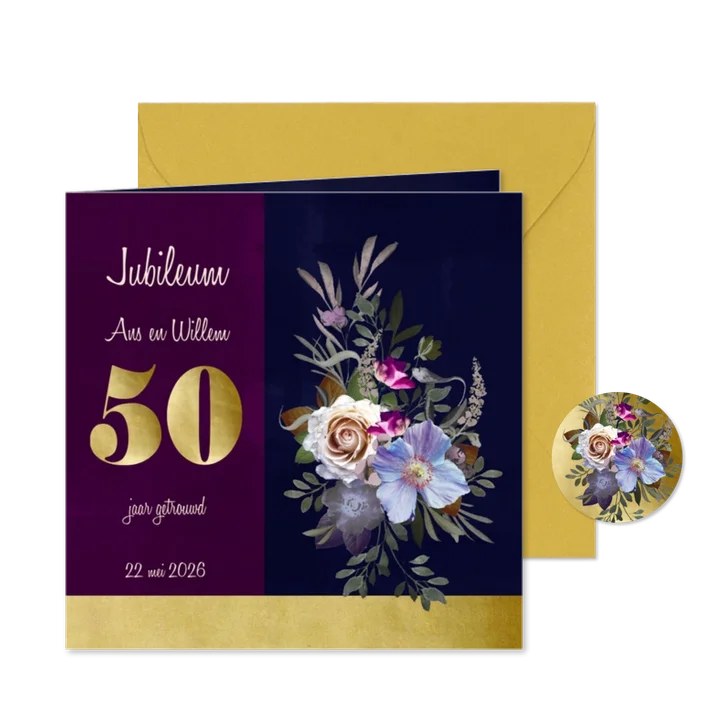 Jubileumkaart oude meesters paars goud jaartal aanpasbaar