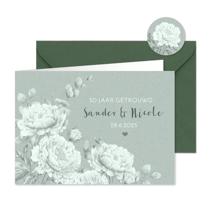 Jubileumkaart pioenrozen en eucalyptus