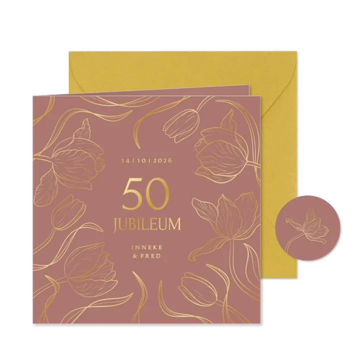 Jubileumkaart roest bruin met vintage tulpen goudfolie