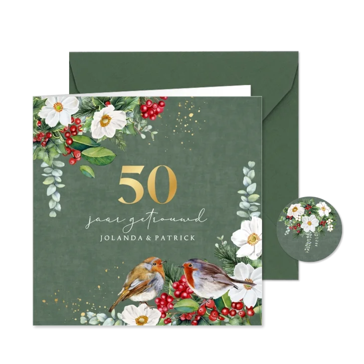Jubileumkaart roodborstje botanische bloemen en takken