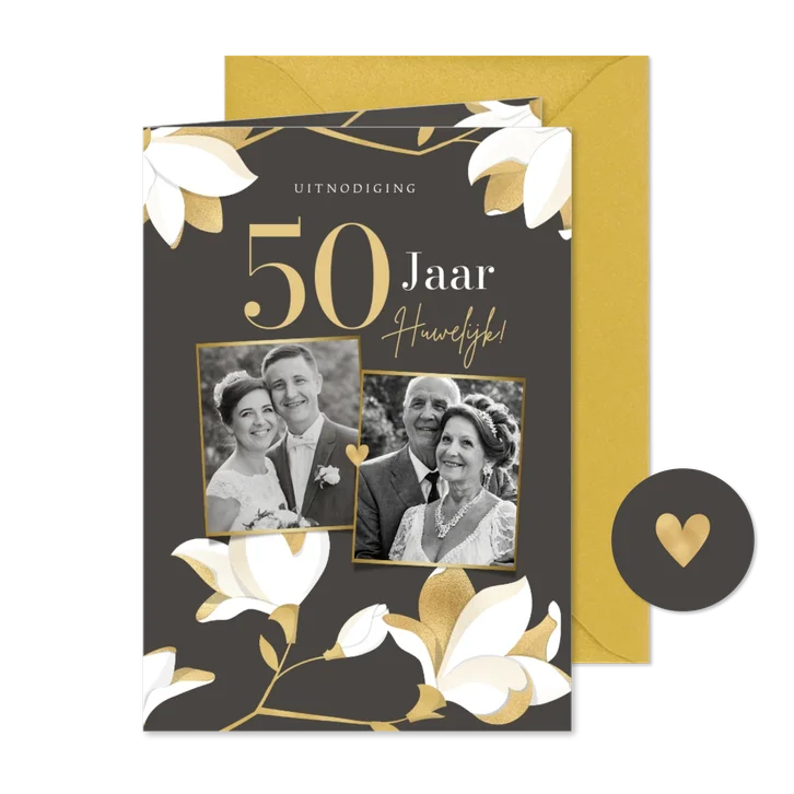Jubileumkaart stijlvol fotocollage goud-witte magnolia's