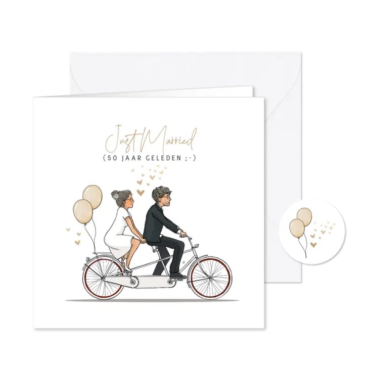 Jubileumkaart tandem met jubileumpaar en ballonnen