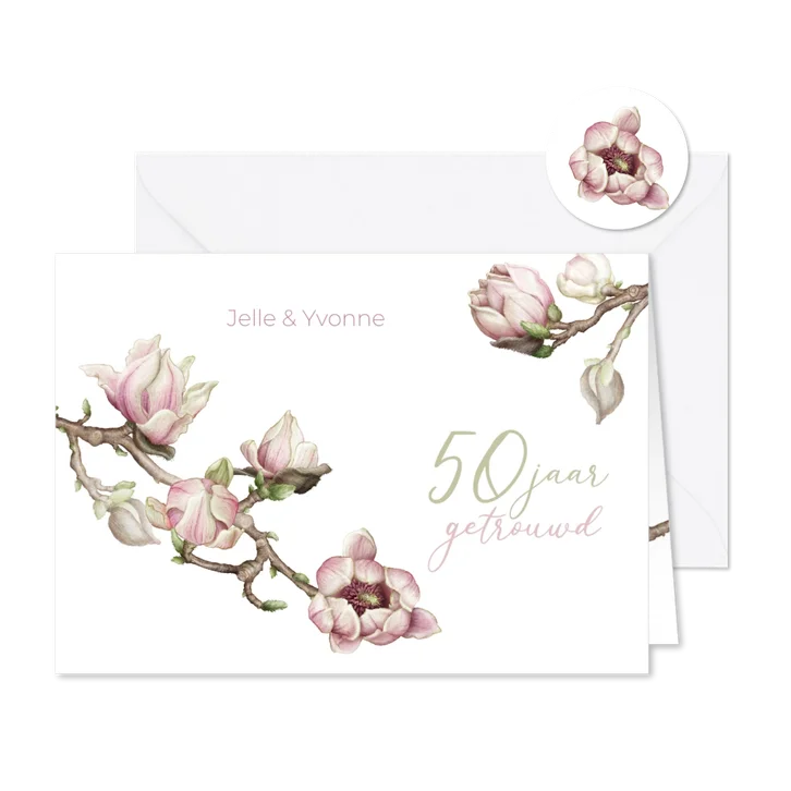 Jubileumkaart trouwen met magnolia bloementak