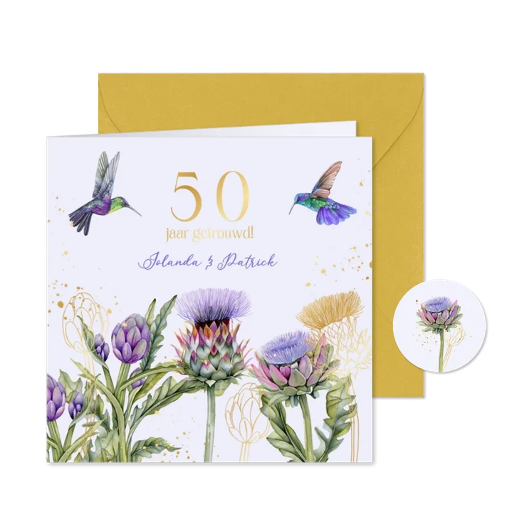 Jubileumkaart uitnodiging artisjok bloemen goud