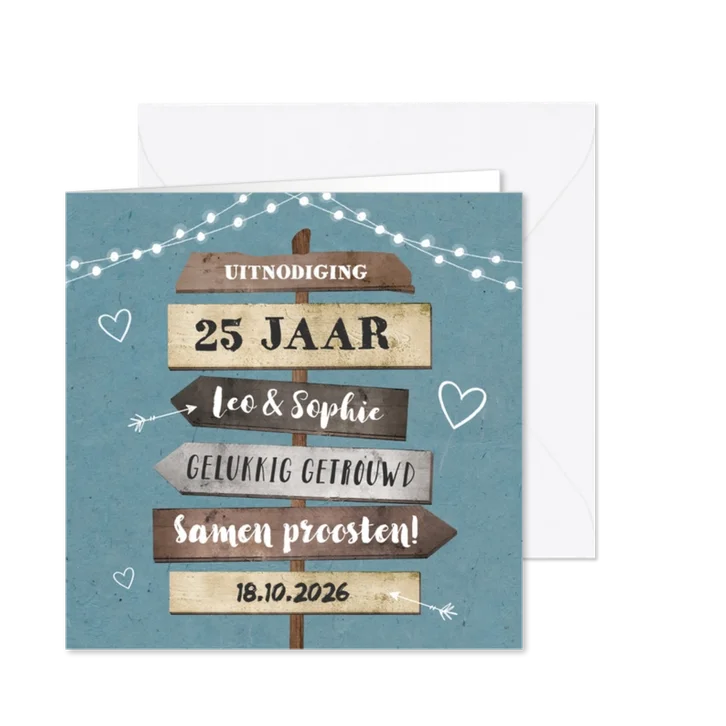 Jubileumkaart uitnodiging hip met houten wegwijzers en foto
