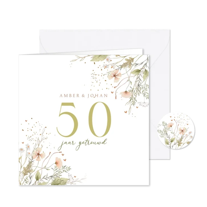 Jubileumkaart veldbloemen met glitterlook