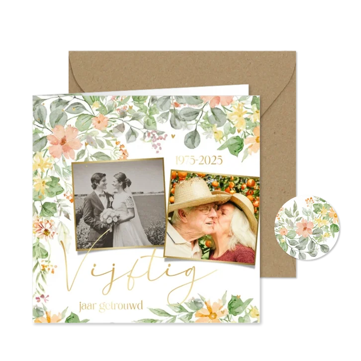 Jubileumkaart vijftig jaar getrouwd bloemenkader met foto's