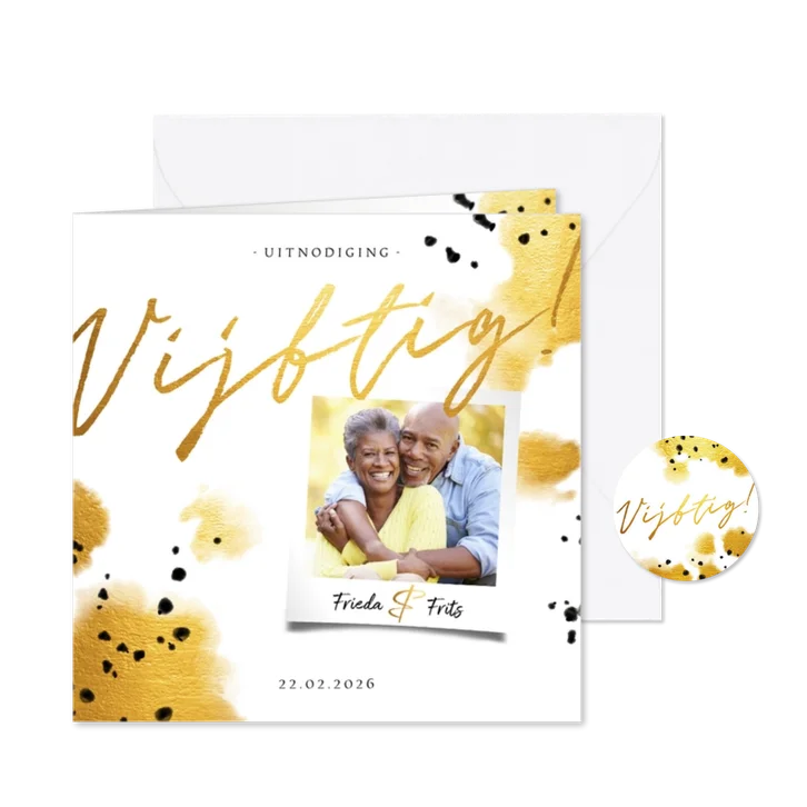 Jubileumkaart 'vijftig' met foto en gouden waterverf